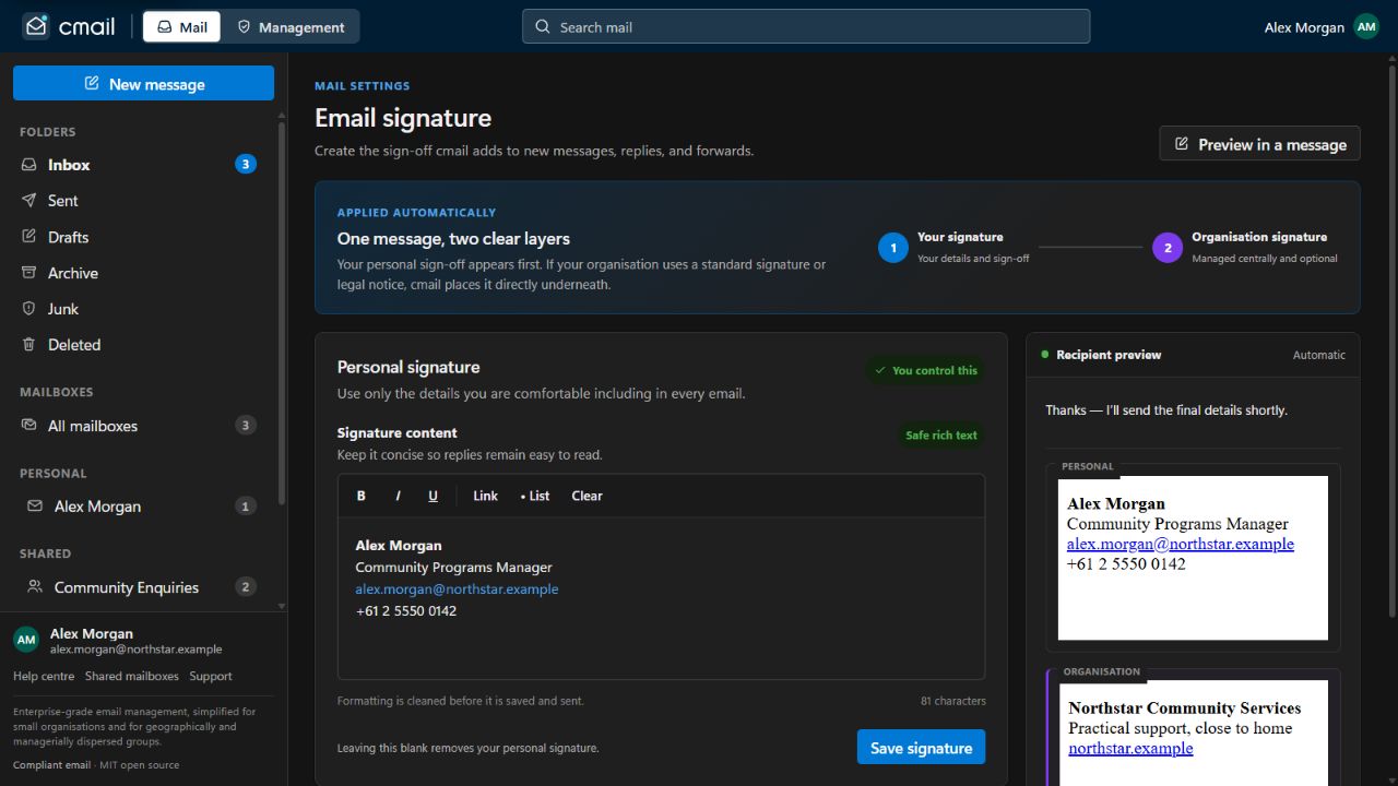 cmail signature settings showing a personal signature layered above a locked organisation signature