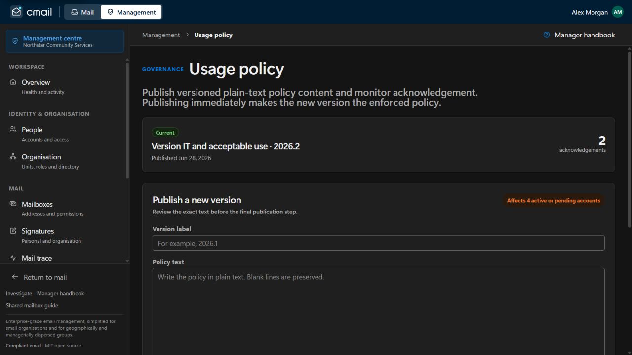 cmail policy management showing a current organisation IT policy and acknowledgement progress